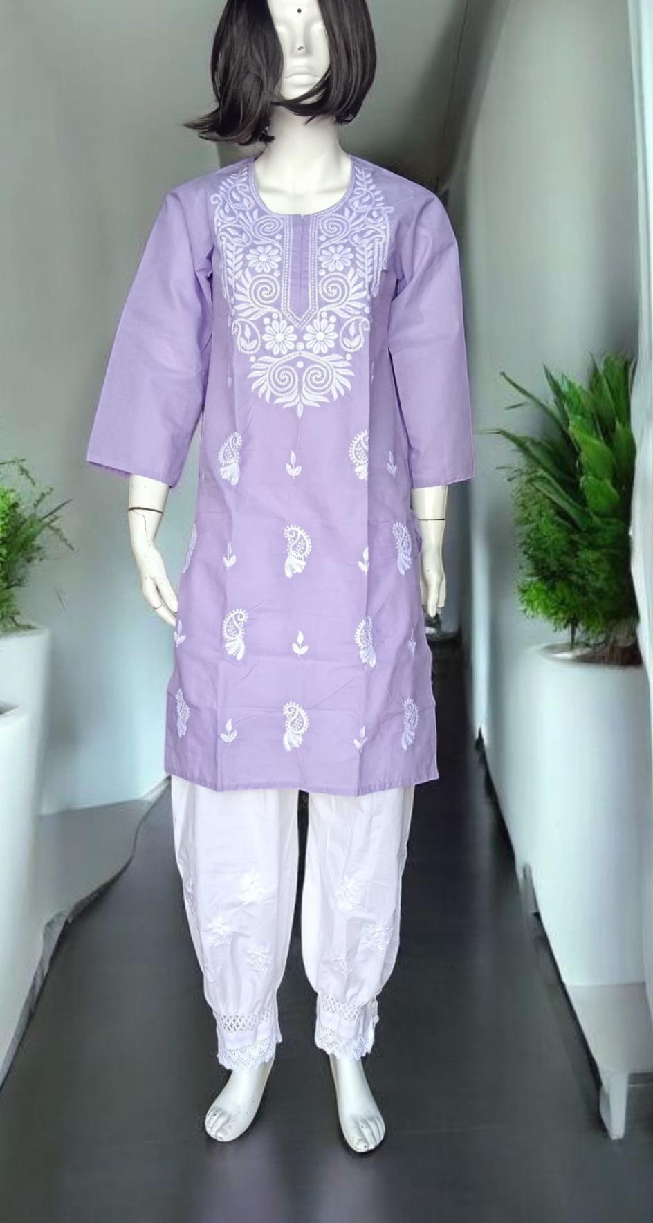 Set of 2 piece Cotton Lavender White Chikankari Embroidered Kurta with White Cotton Embroidered With Lace Work Tapered Leg Salwar Elastic