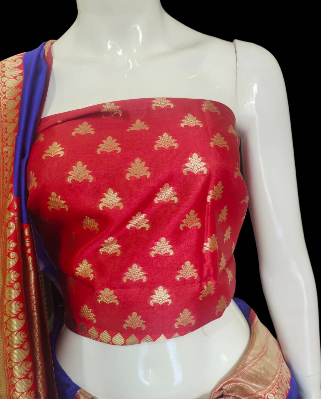 Blue and red banarasi silk saree with zari work with red unstiched blouse with cotton stitched peticoat Bollywood Indian Ethnic Festive Puja