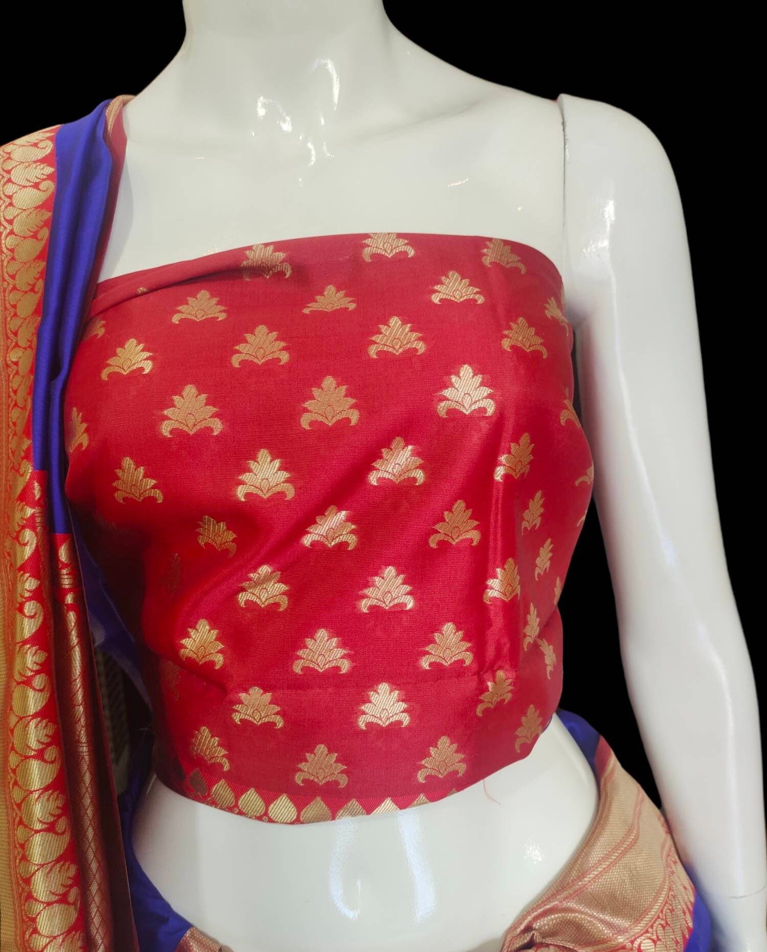 Blue and red banarasi silk saree with zari work with red unstiched blouse with cotton stitched peticoat Bollywood Indian Ethnic Festive Puja