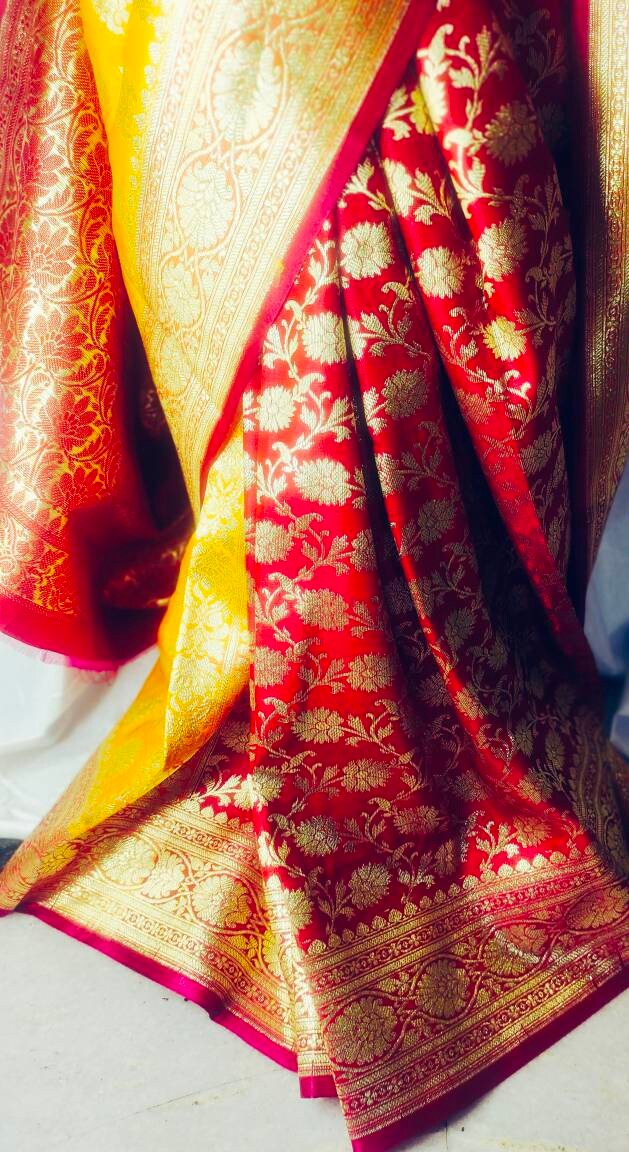 Orange Red Banarasi Silk Saree With Unstitched ( customised ) Silk Blouse Heavy Zari Work Perfect For Wedding Haldi Wear Gift for her