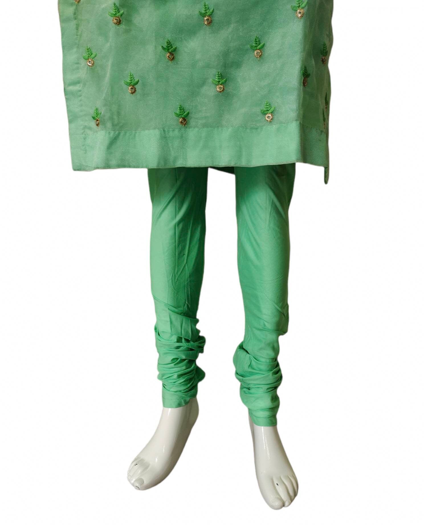 Light green salwar kameez suit organza thread work embroidered cotton Pajami churidar PURE chiffon dupatta festive ethnic puja Bollywood