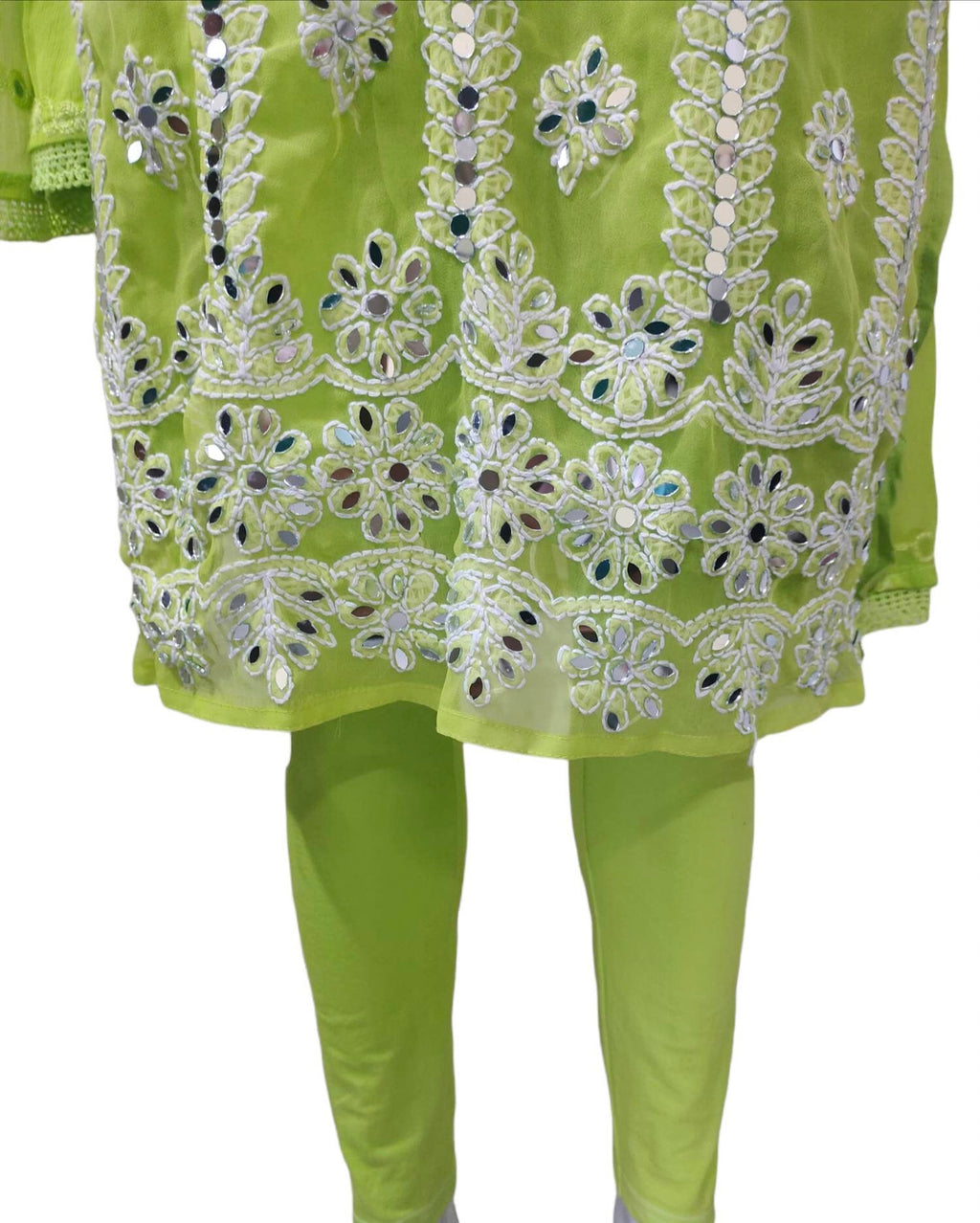 Neon green salwar kameez suit Chiffon chikankari glass work party wear festivals white thread work mirror work