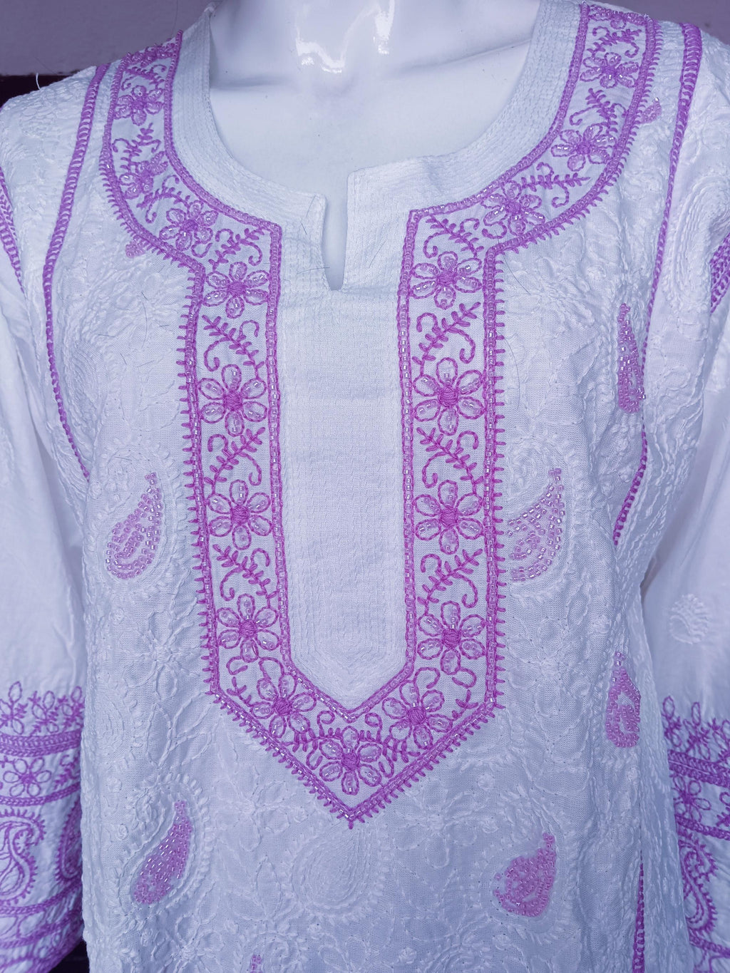 Set of 3 White Lavender Cotton Silk Chikankari With Beads Work Handmade Kurta Satin Pajama With Elasticity And Net Sheer Lavender Duppata