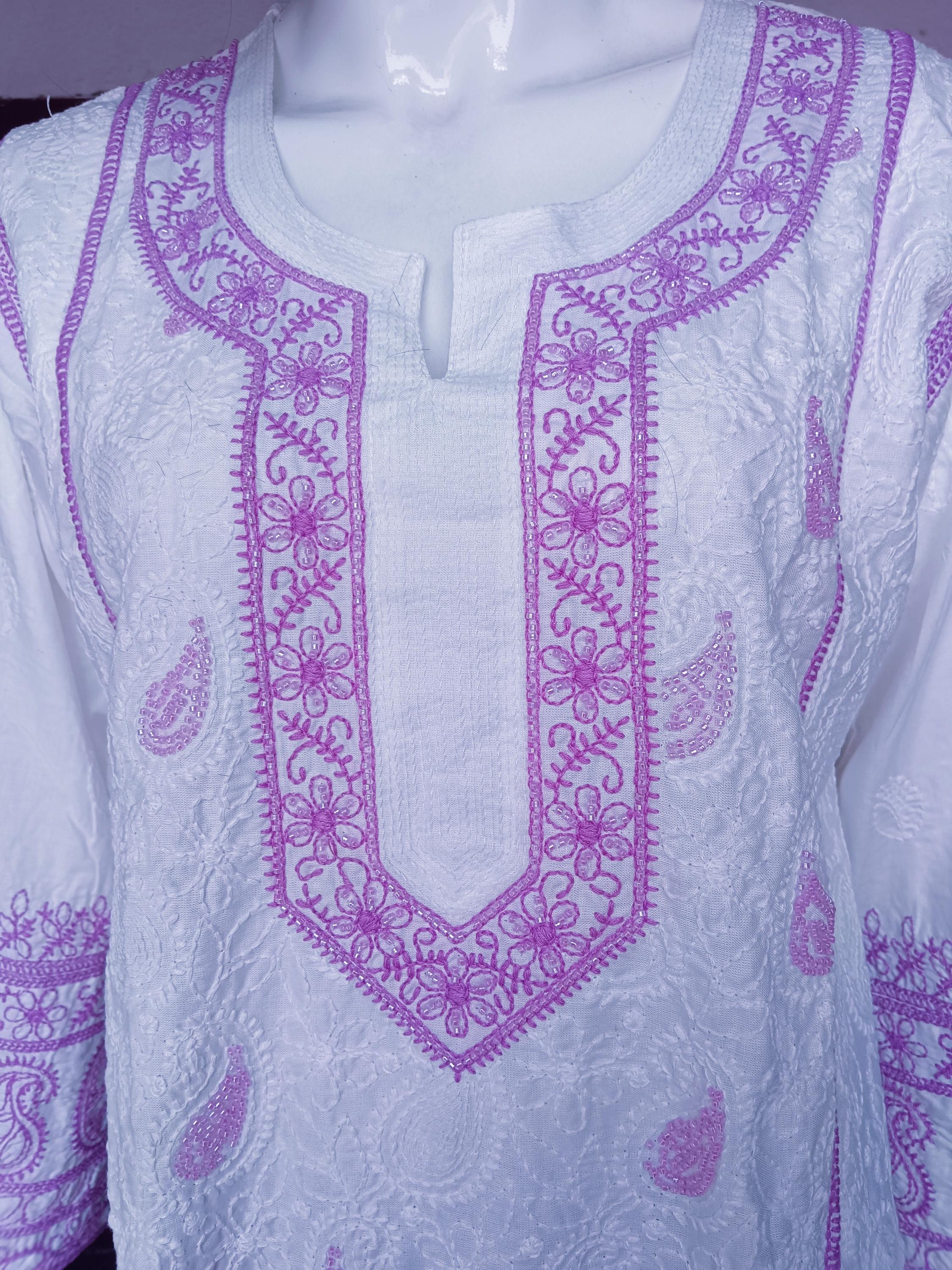 Set of 3 White Lavender Cotton Silk Chikankari With Beads Work Handmade Kurta Satin Pajama With Elasticity And Net Sheer Lavender Duppata