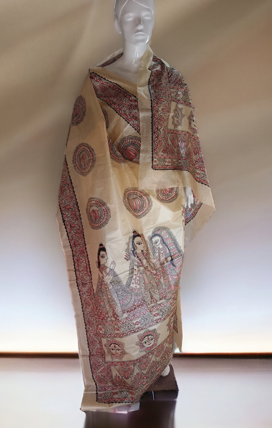 Beige 100% Silk Hand Painted Madhubani Art Featuring Ionic Shri Ram Sita Swayamvar And Sun Lotus Design Duppata Vintage Luxurious Designer