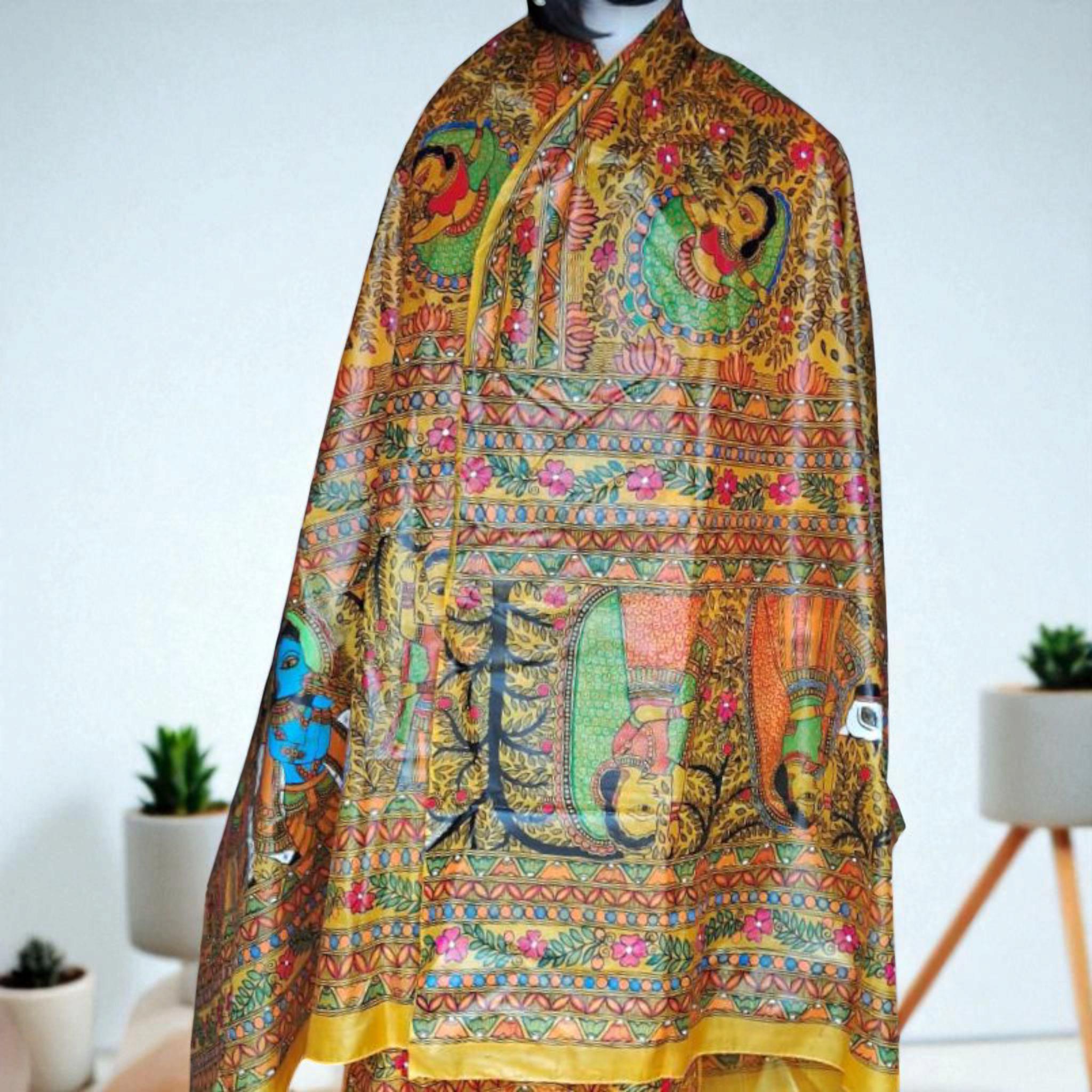 Yellow 100% Silk Hand-painted Madhubani Art Dupatta Featuring Radha Krishna Ras With Animal Cow Nature Forest Floral Designs Gift for her
