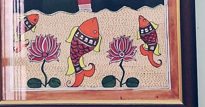 Mithila Madhubani Handpainted Wall Painting Wall Decor Featuring Tree Fish Design With Black Wooden Frame Canvas Painting Beautiful Paint