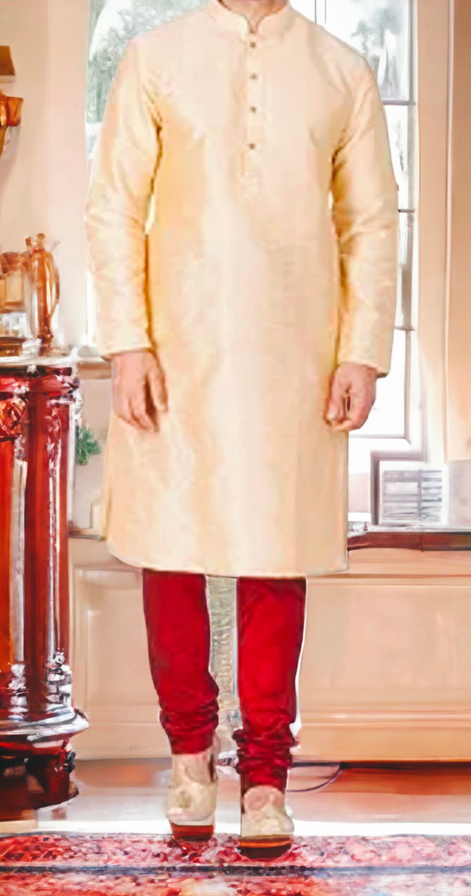Beige Red Pure Silk Kurta Pajama Set For Men Bollywood Inspired Outfit Traditional Dress Puja Wear Wedding Wear Ethnic Wear Party Wear
