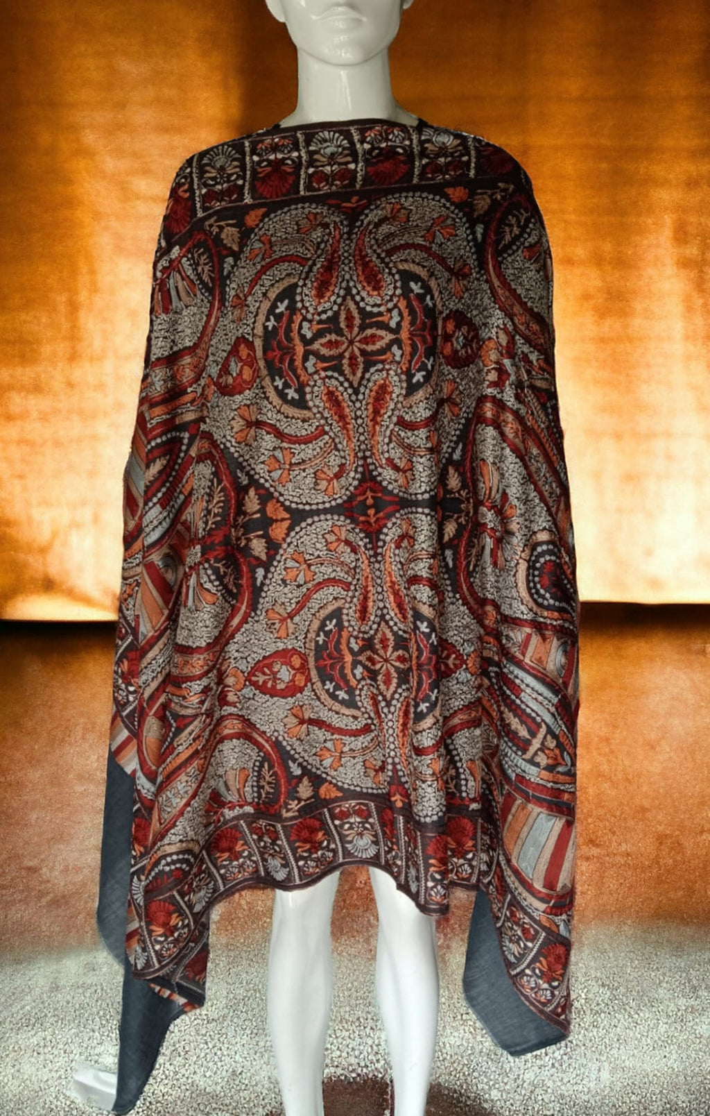 Black Red Heavily Embroidered Floral Design 100% Cashmere Pashmina Shawl/Scarf/Dupatta Hand Woven Pure Silk Thread Work Wedding Anniversary