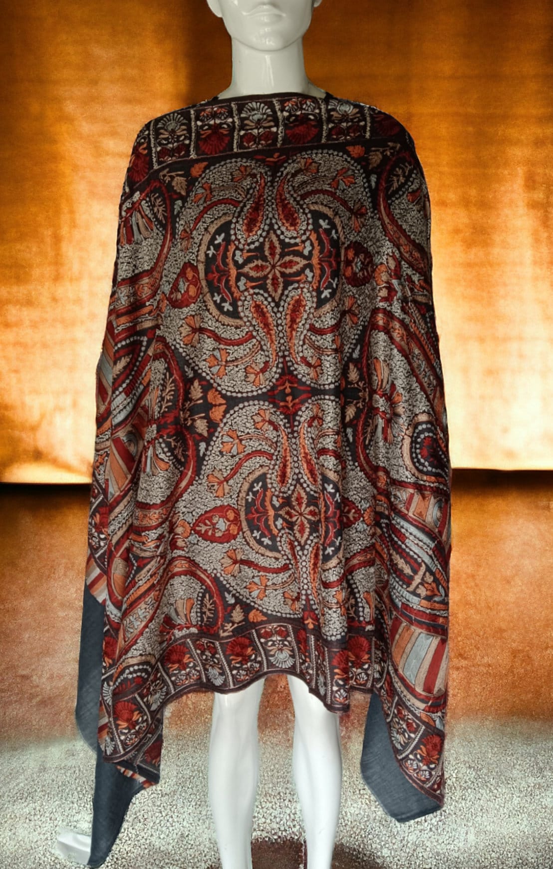 Black Red Heavily Embroidered Floral Design 100% Cashmere Pashmina Shawl/Scarf/Dupatta Hand Woven Pure Silk Thread Work Wedding Anniversary