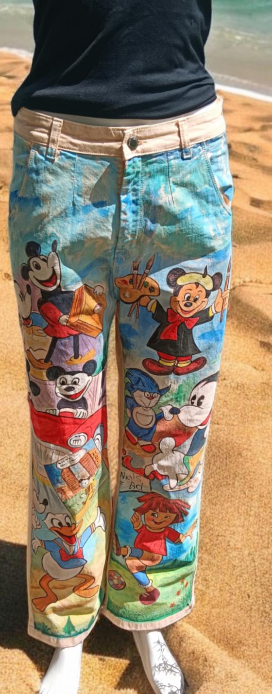 100% Pure Beige Denim Handpainted Fine Art Cartoon Characters Vintage Jeans Rare to Find Gift for them Go To Wear