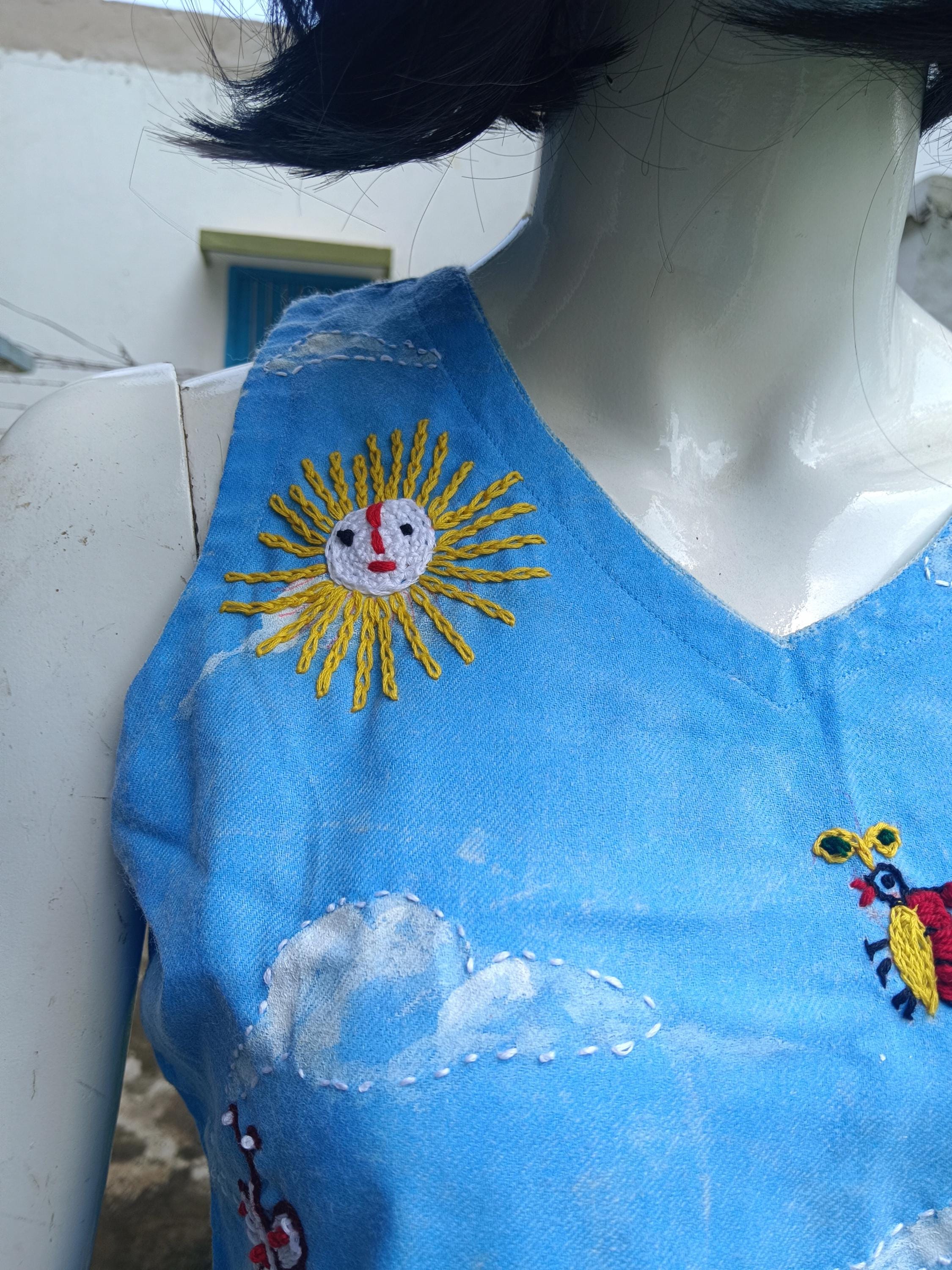 Pure White Sky Blue Pashmina Dress Handmade Pure wool floral embroidery Vintage One and Only Pure Pashmina Woollen Dress Colourful Garden