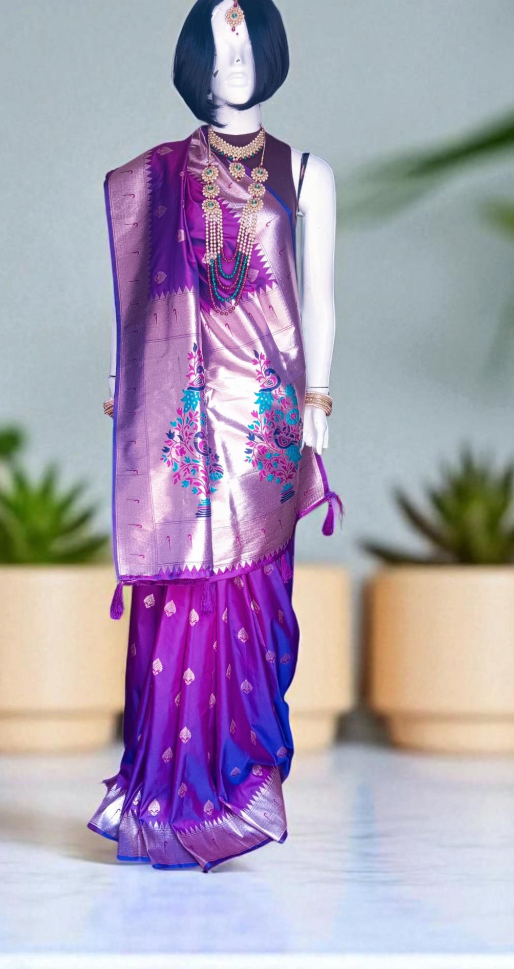 Violet banarasi silk saree with zari work Embroidered Nature inspired pattern with violet unstitched blouse Bollywood Indian Ethnic Festive