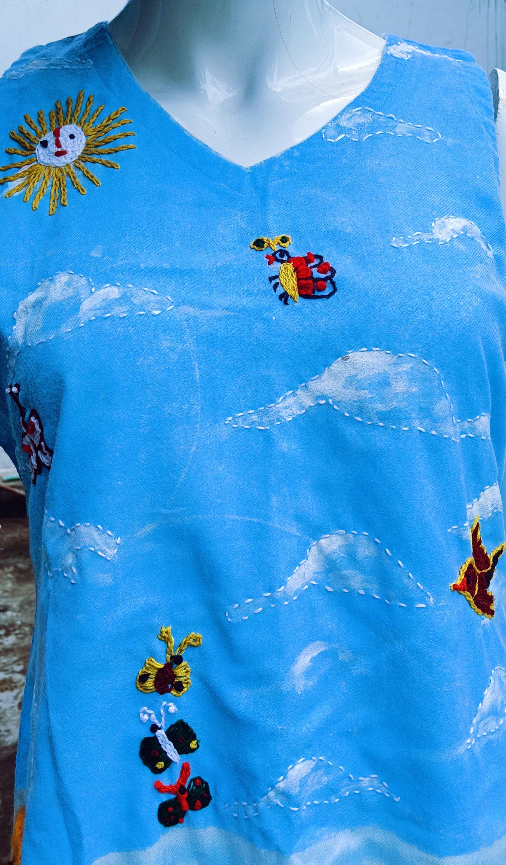 Pure White Sky Blue Pashmina Dress Handmade Pure wool floral embroidery Vintage One and Only Pure Pashmina Woollen Dress Colourful Garden