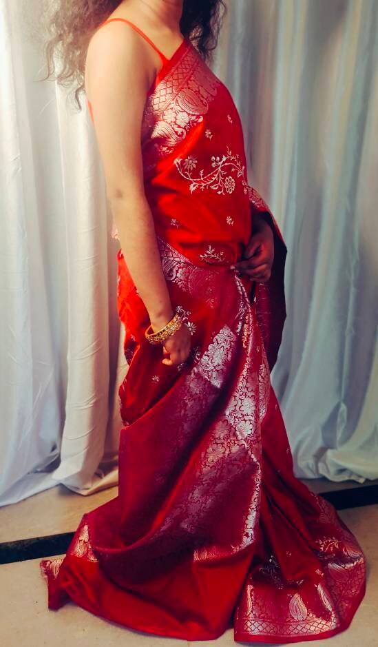Red Satin Silk Saree Embroidered Border With Unstitched ( customised ) blouse Thread work Banarsi Saree Gift For Her Perfect For Wedding
