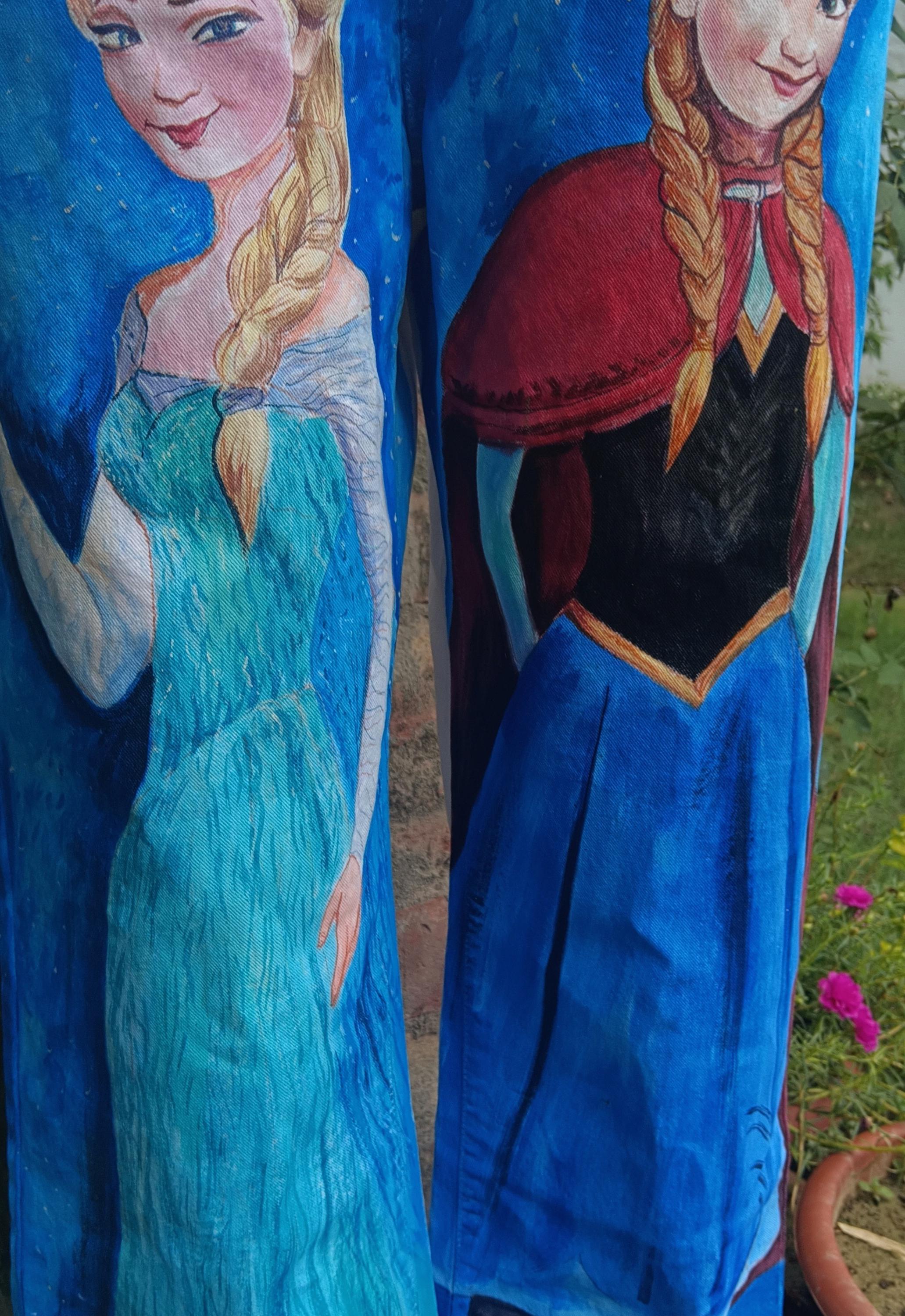 100% Pure White Denim Handpainted Fine Art Princesses Fairy tales Artistic Party wear Halloween Wear Birthday Wear Gift for them