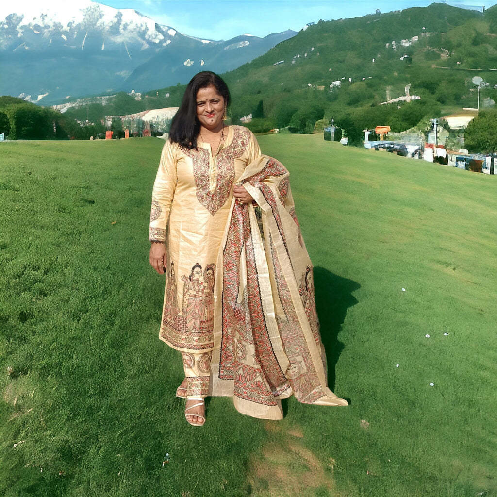 Set of 3 Beige Hand-Painted Ionic Shree Ram Sita Swayamvar Lotus Sun Design Kurta Pand Dupatta Madhubani Art Indian Attire Mithila Paint