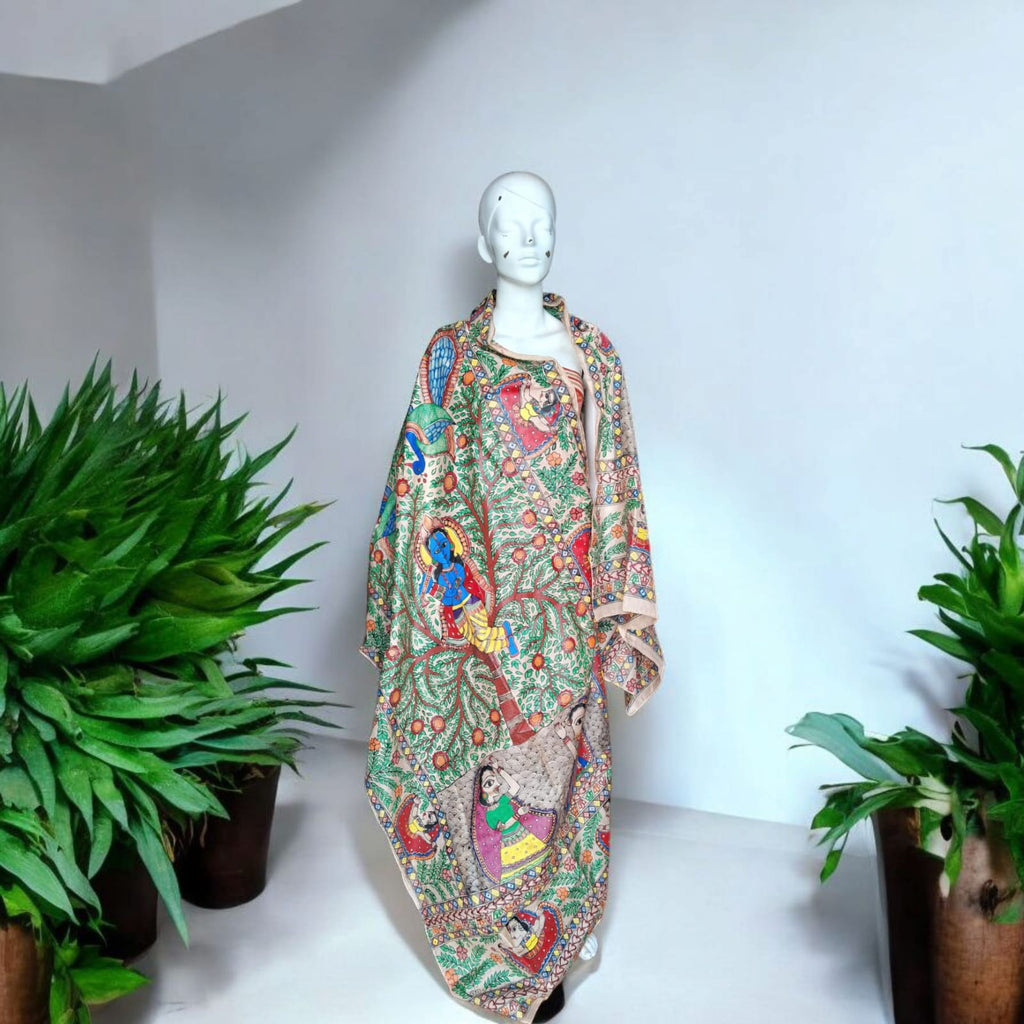Hand-painted Mithila Pure Silk Dupatta with Peacock and Divine Grace Design