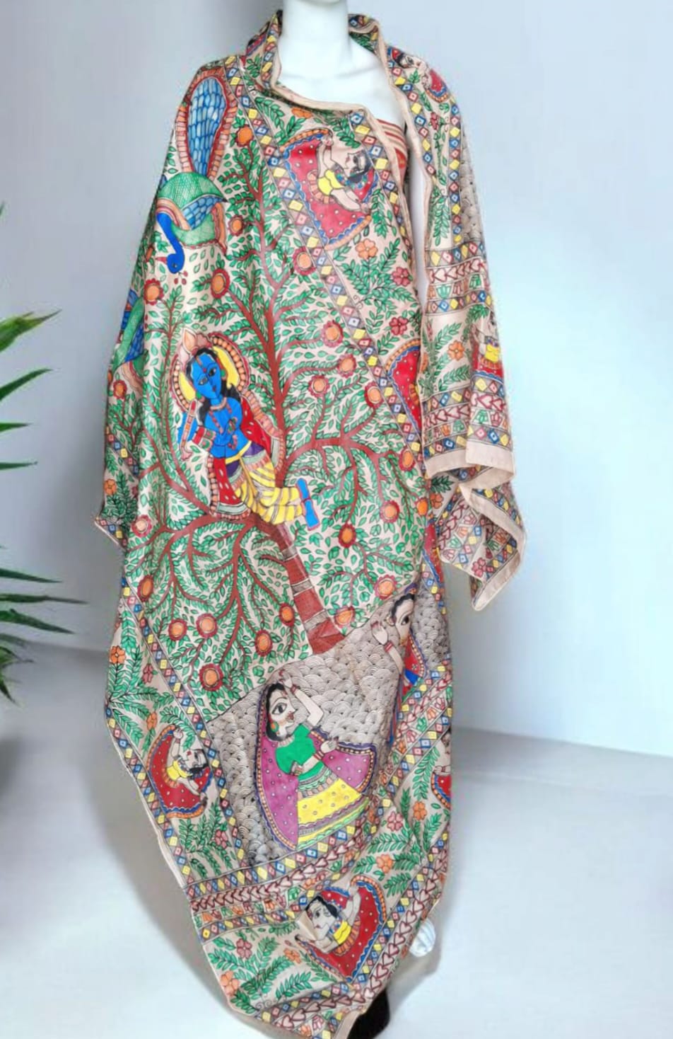 Hand-painted Mithila Pure Silk Dupatta with Peacock and Divine Grace Design