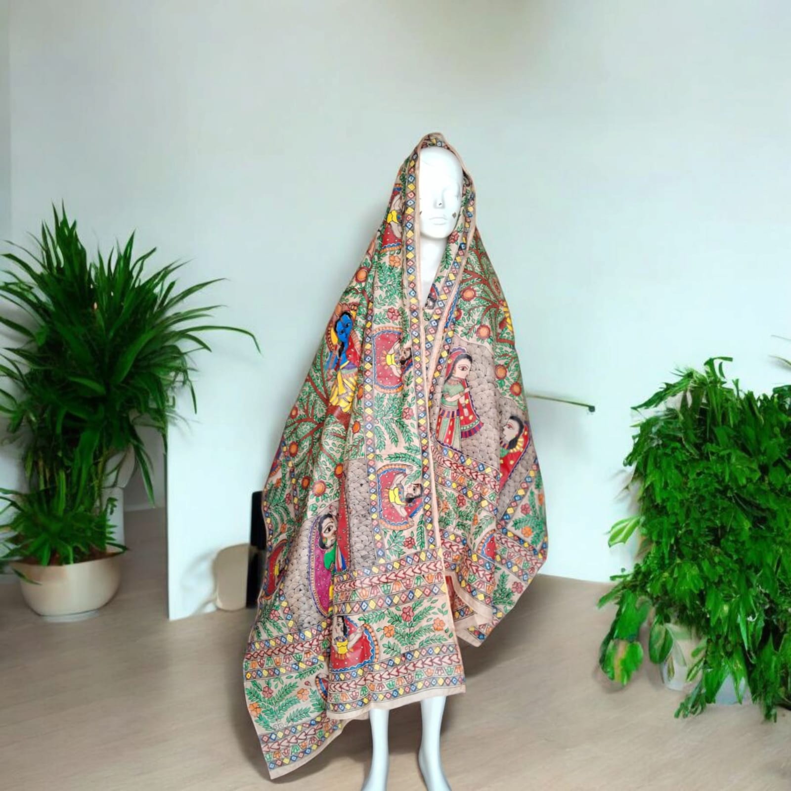 Hand-painted Mithila Pure Silk Dupatta with Peacock and Divine Grace Design