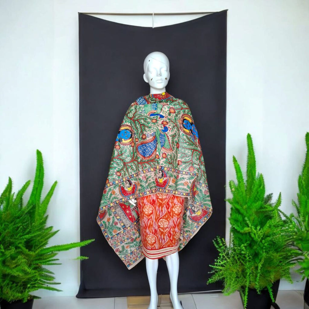 Hand-painted Mithila Pure Silk Dupatta with Peacock and Divine Grace Design