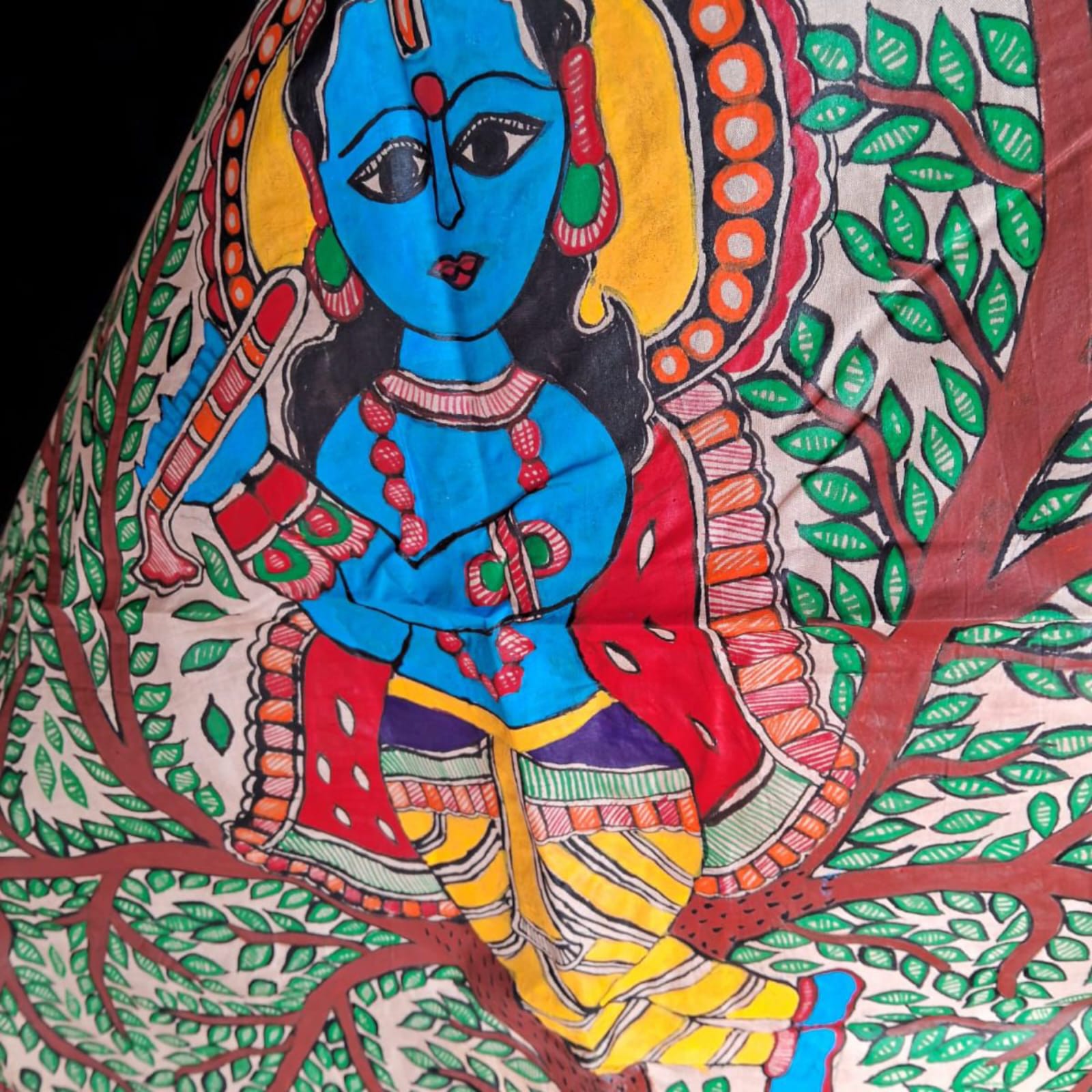 Hand-painted Mithila Pure Silk Dupatta with Peacock and Divine Grace Design