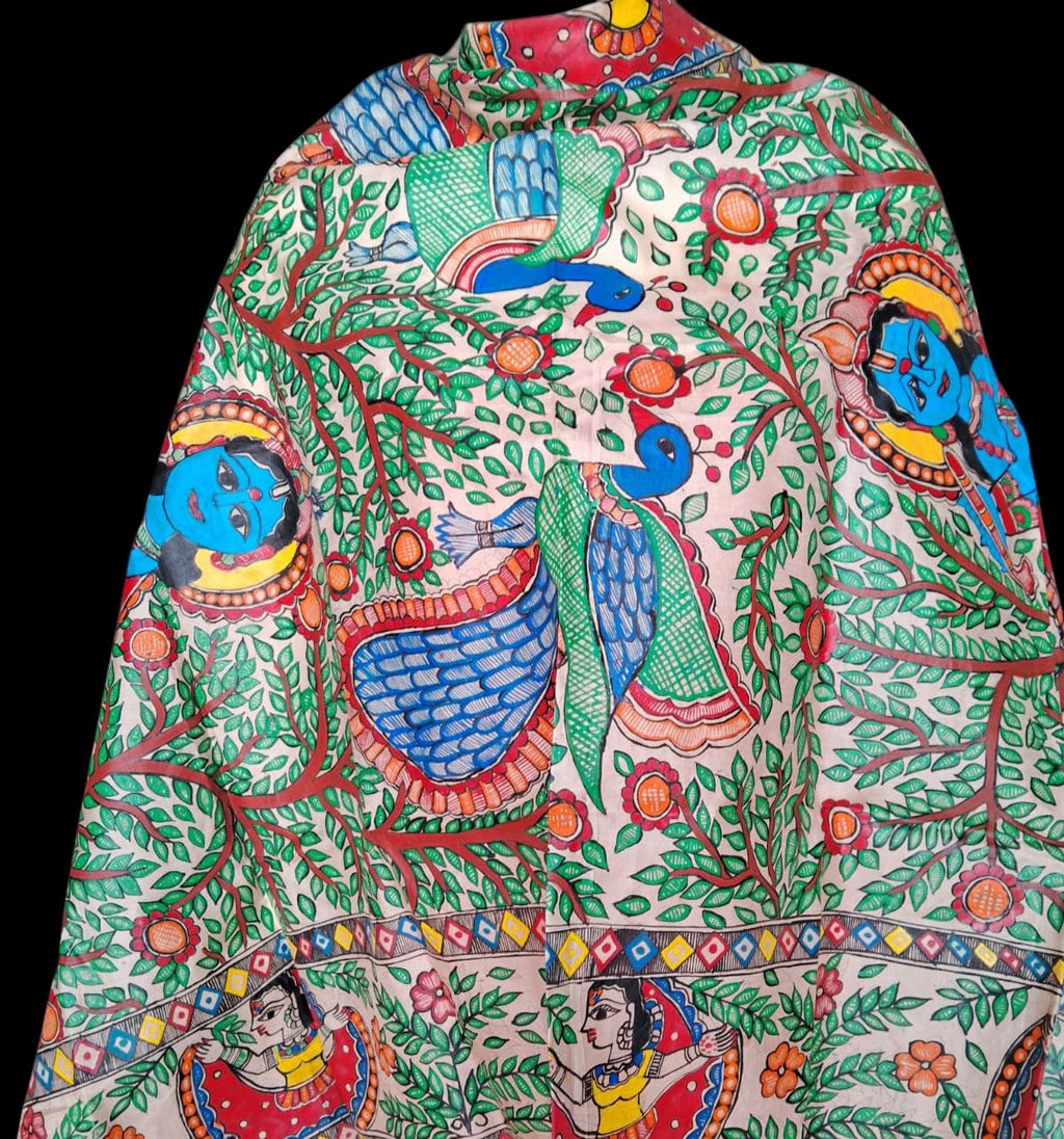 Hand-painted Mithila Pure Silk Dupatta with Peacock and Divine Grace Design