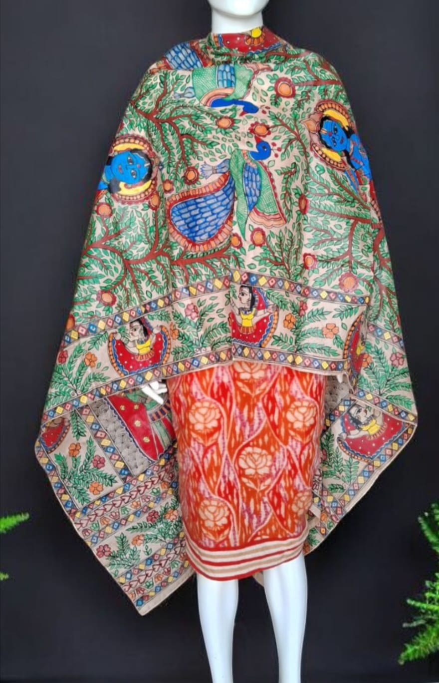 Hand-painted Mithila Pure Silk Dupatta with Peacock and Divine Grace Design