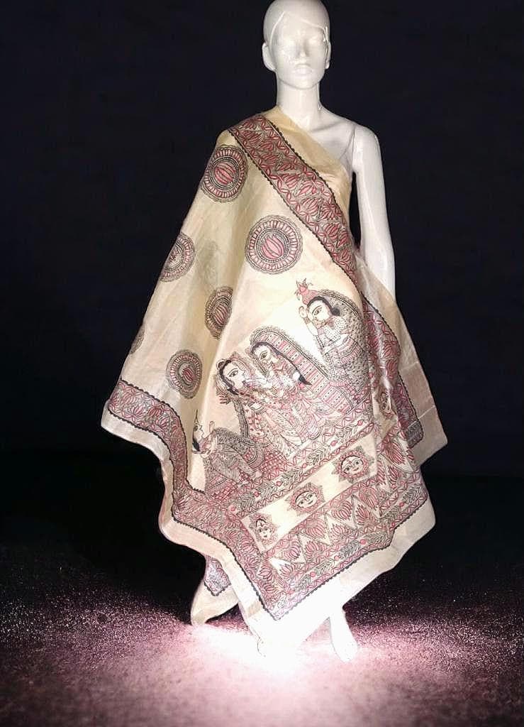 Beige 100% Silk Hand Painted Madhubani Art Featuring Ionic Shri Ram Sita Swayamvar And Sun Lotus Design Duppata Vintage Luxurious Designer