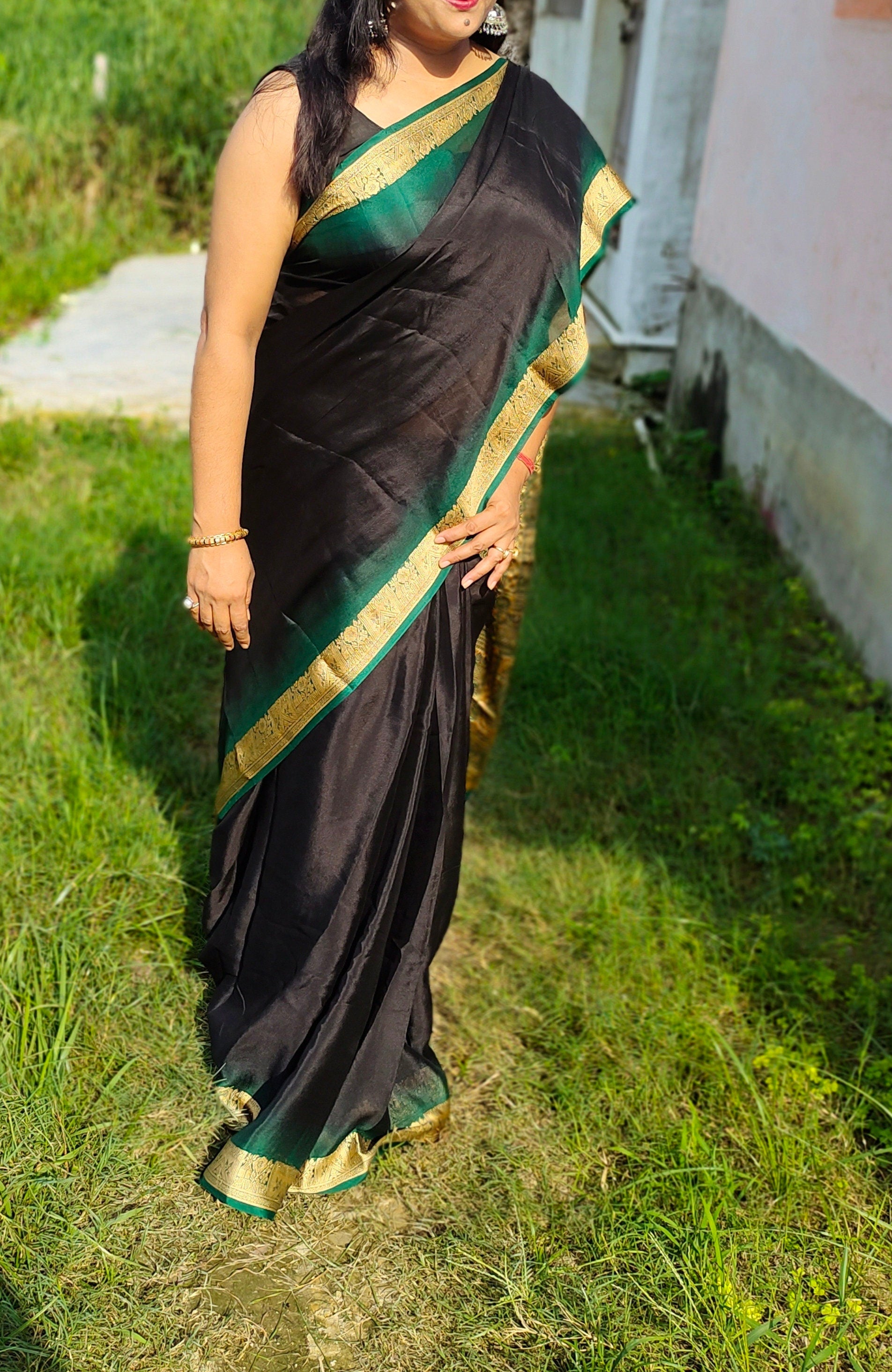 Black Green Pure Crepe Silk Golden Silk Embroidered Border And Aachal Tie And Dye Technique Party Anniversary Bollywood Fashion Classy