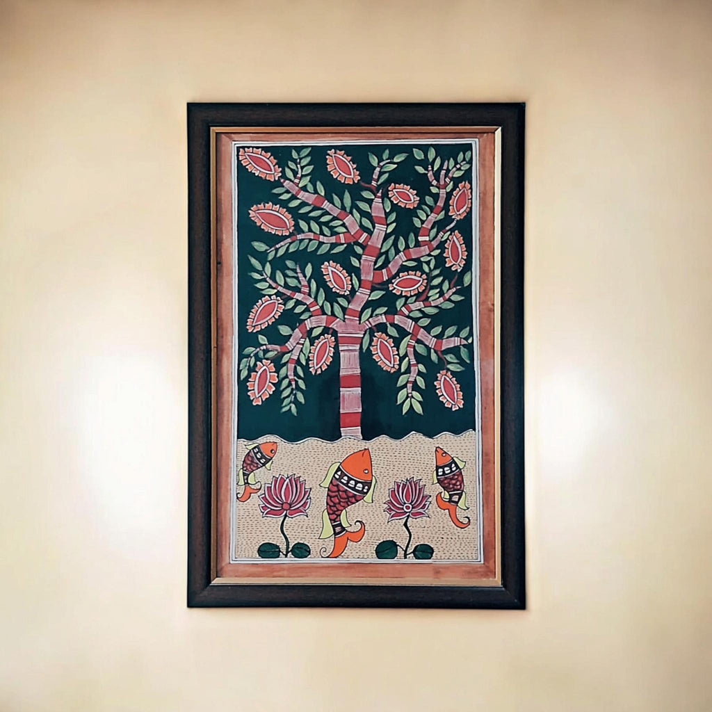 Mithila Madhubani Handpainted Wall Painting Wall Decor Featuring Tree Fish Design With Black Wooden Frame Canvas Painting Beautiful Paint