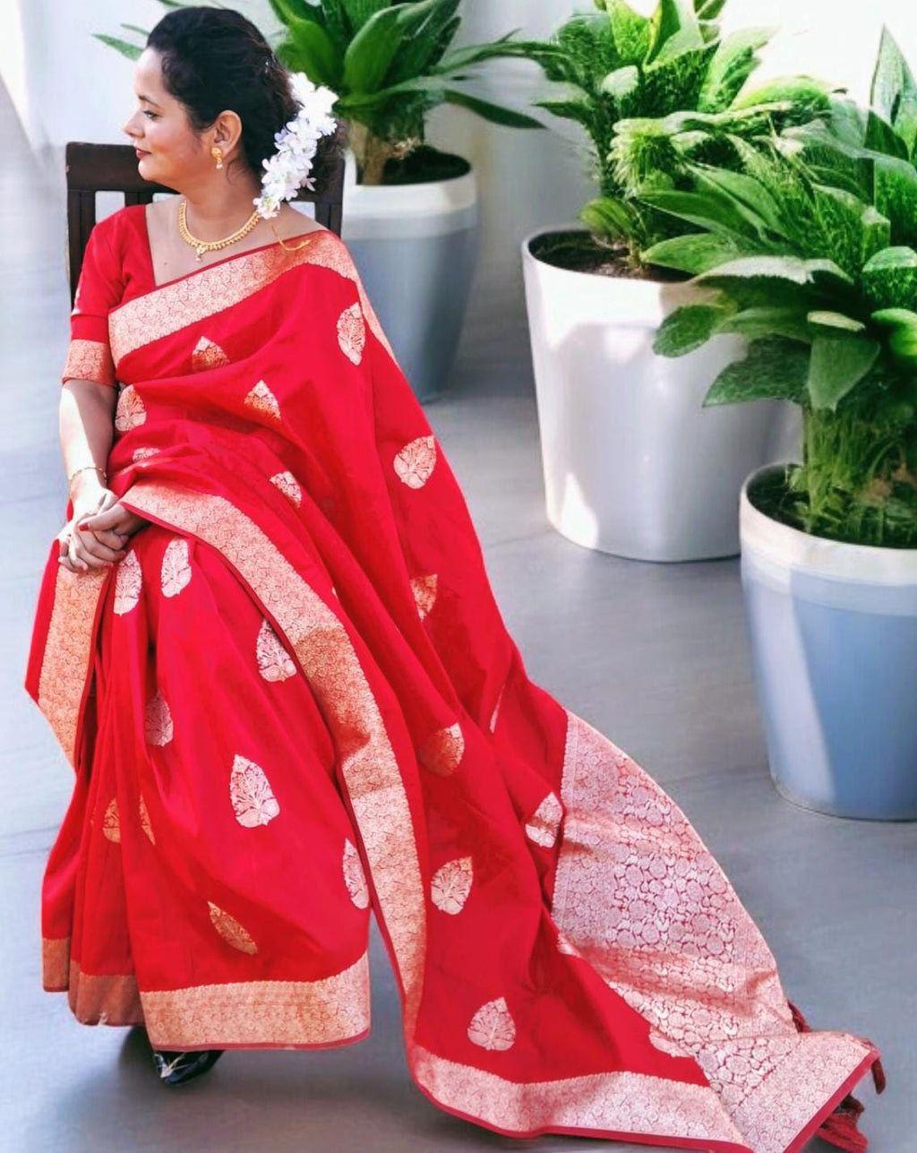 Pure Red Banarasi Silk Saree Zari border Unstitched Plain Red Silk Blouse Piece Perfect for Wedding Festive Occasions Gift for her Indian