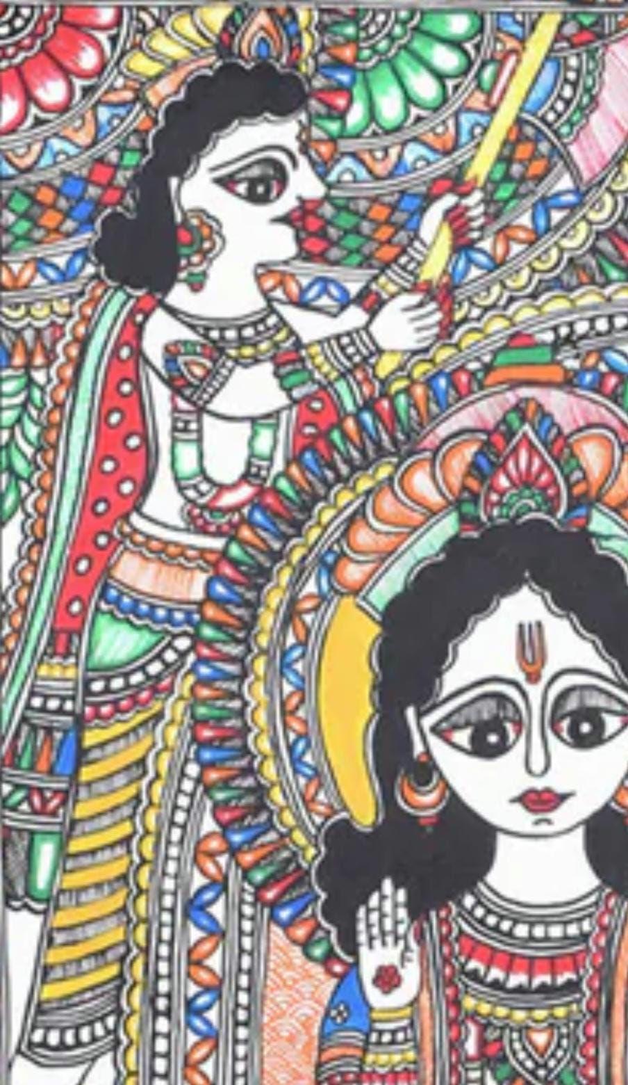 Mithila Madhubani Handpainted Wall Painting Wall Decor Featuring Ram Darbar Design With Brown Wooden Frame Canvas Painting Beautiful Paint