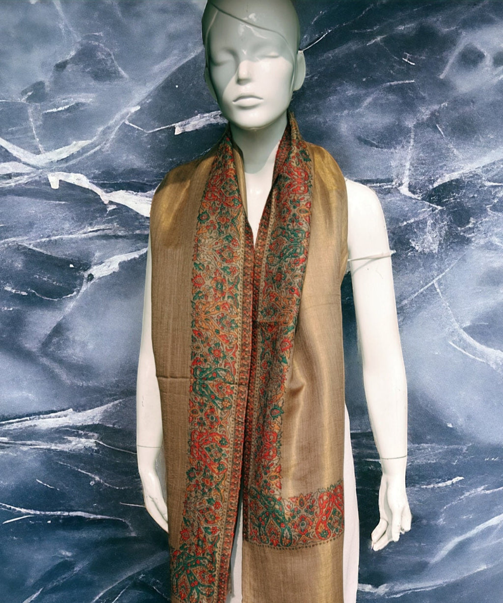 Golden Brown Floral Embroidered 100% Cashmere Pashmina Luxurious Hand woven Shawl/Scarf Lightweight Soft Touch Winter Outfit Cashmere