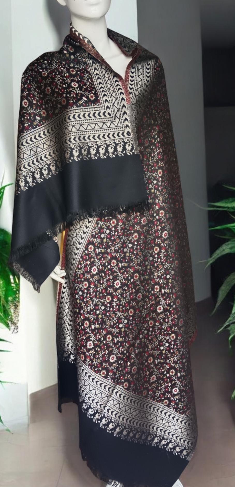 Black Cashmere Wool Colourful Floral Embroidered Silver Zardozi Bordered Stole/Shawl Kashmiri Outfit Comfortable to Wear Lightweight Warm
