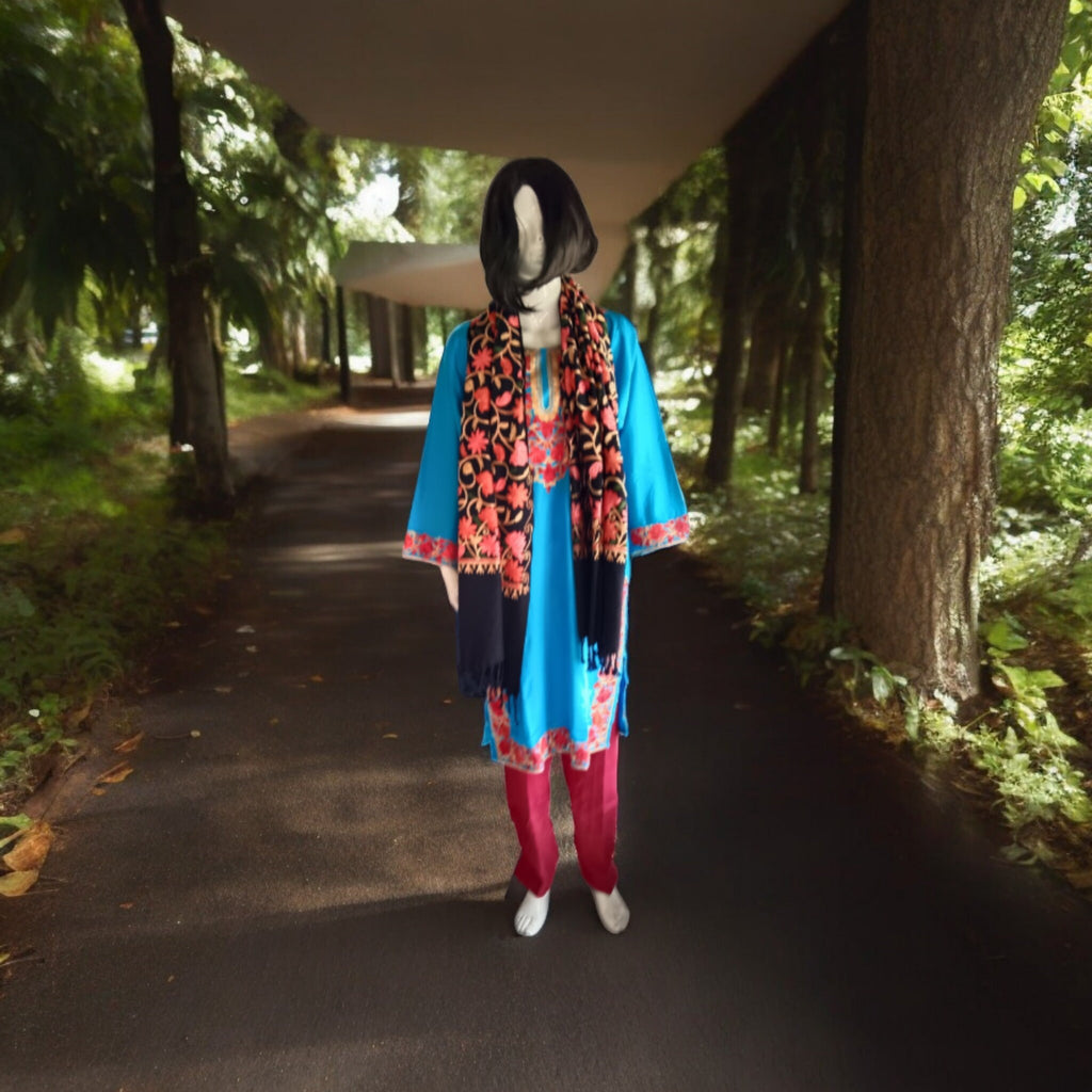 Blue Red Black Set of 3 Pieces Woollen suit pant scraf Cashmere Woollen Outfit Lightweight Kashmir embroidery Luxurious vintage Dress Design