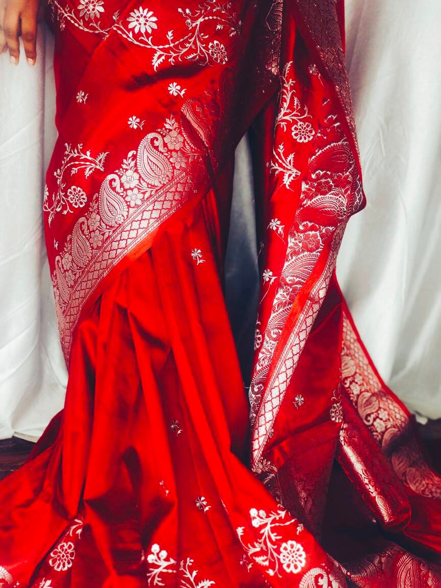Red Satin Silk Saree Embroidered Border With Unstitched ( customised ) blouse Thread work Banarsi Saree Gift For Her Perfect For Wedding