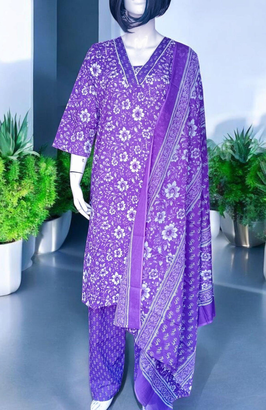 Set of 3 Pure Cotton Purple/Violet White Kurta Pant and Dupatta Floral Print Lace Work Indian Traditional Ethnic Casual Wear Easy to Breath