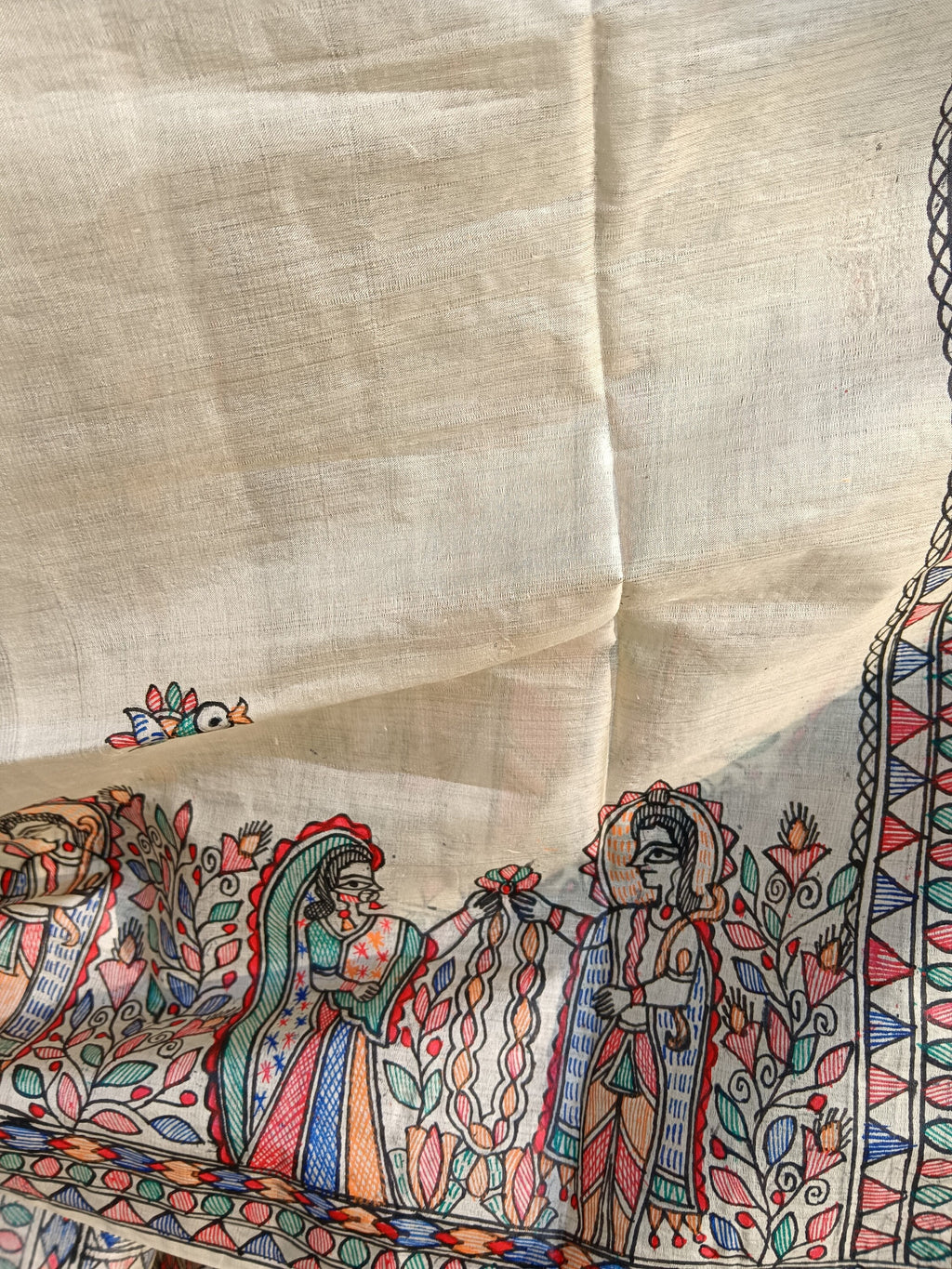 Pure Silk Hand-painted Multicolored Madhubani Painting Saree Featuring Iconic Shree Ram Sita Swayamvar Marriage Peacock Design Wedding Party