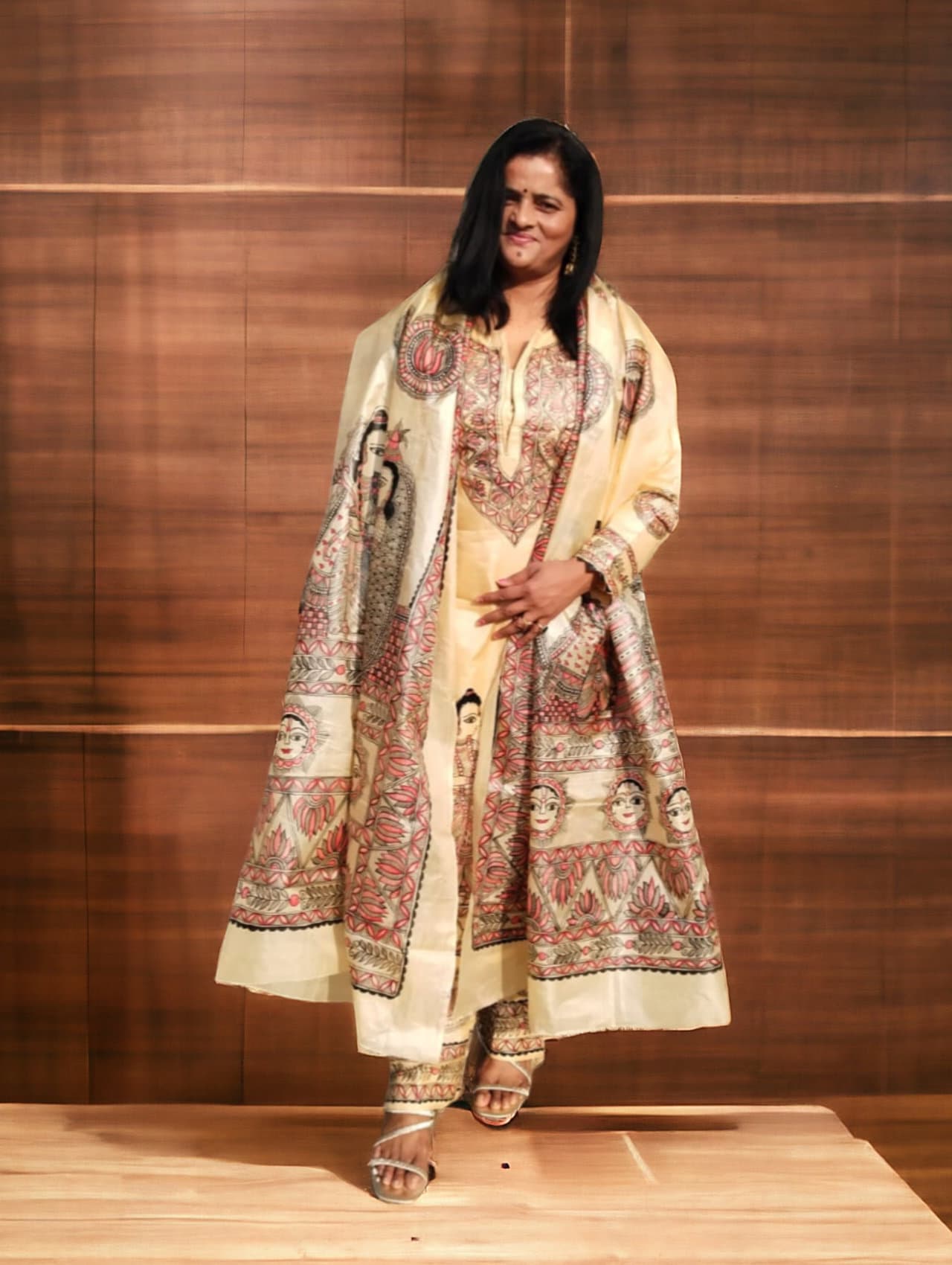 Set of 3 Beige Hand-Painted Ionic Shree Ram Sita Swayamvar Lotus Sun Design Kurta Pand Dupatta Madhubani Art Indian Attire Mithila Paint