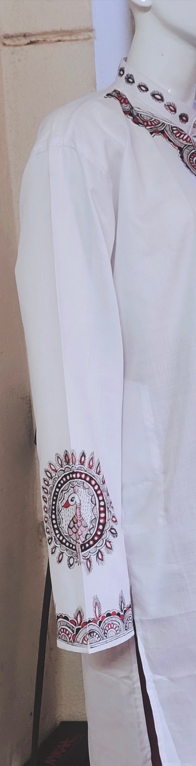 White Cotton Hand Painted Madhubani Art Kurta For Men Peacock Feature Art With Red Cotton Silk Pajama Madhubani Style Mithila Style Puja