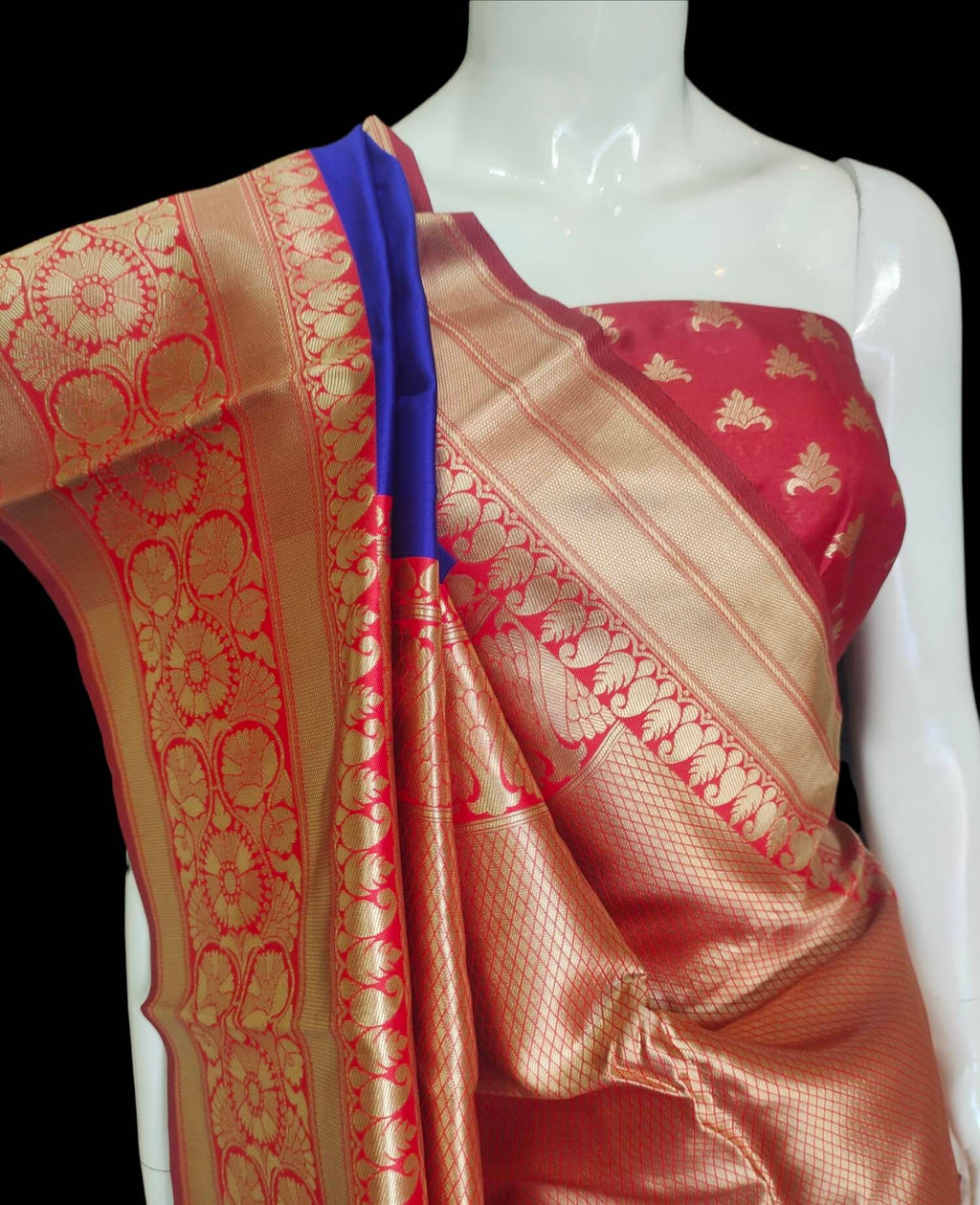 Blue and red banarasi silk saree with zari work with red unstiched blouse with cotton stitched peticoat Bollywood Indian Ethnic Festive Puja
