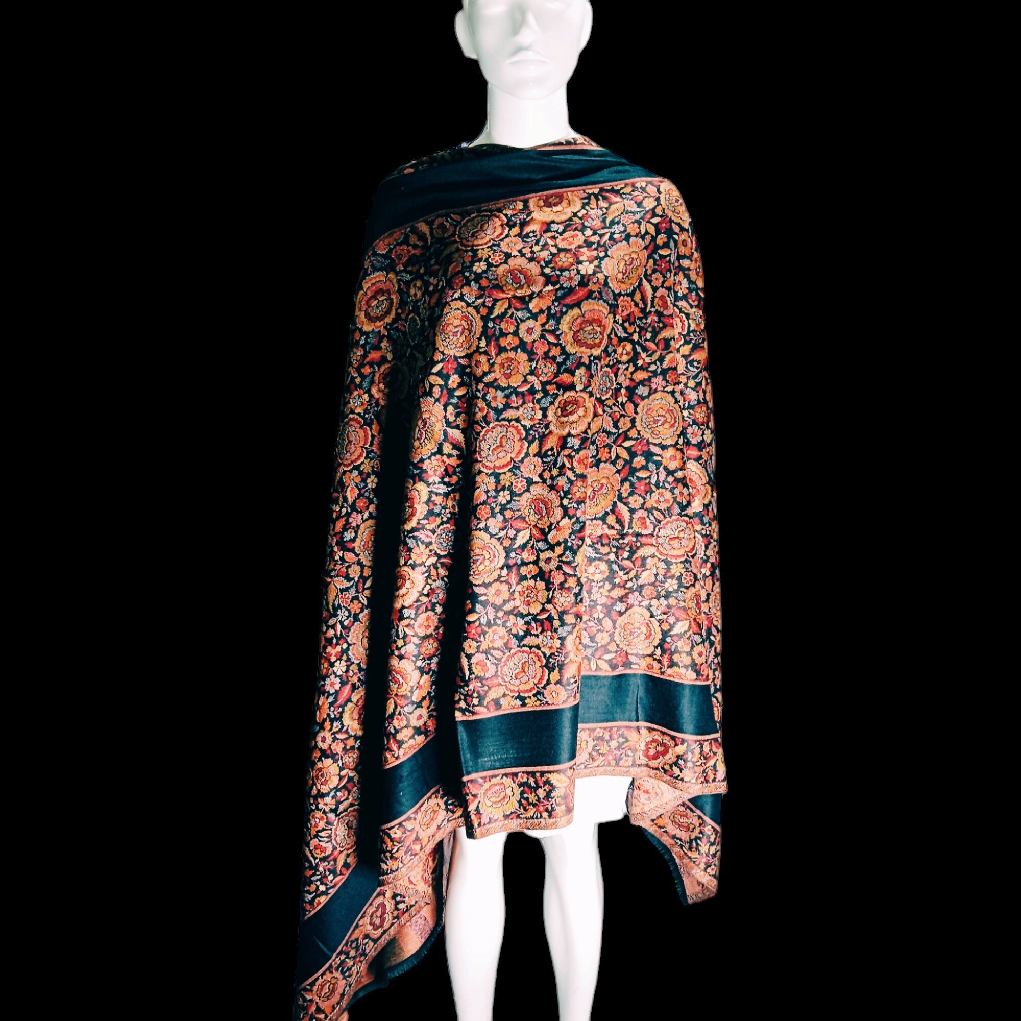 Black Red Floral Embroidered kashmiri Shawl Scarf Travel Blanket Vintage Winter Outfit Wedding Anniversary gift Neck Warmer Designer Shawl