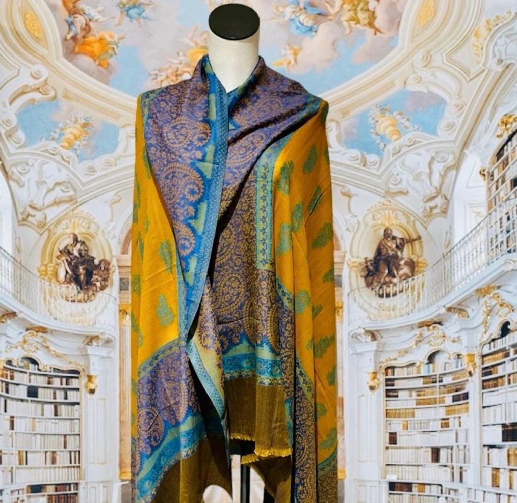 Mustard Yellow Blue Embroidered 100% Cashmere Pashmina Luxurious Hand Woven Shawl Pure Pashmina Lightweight Luxurious Shawl Soft Scraf