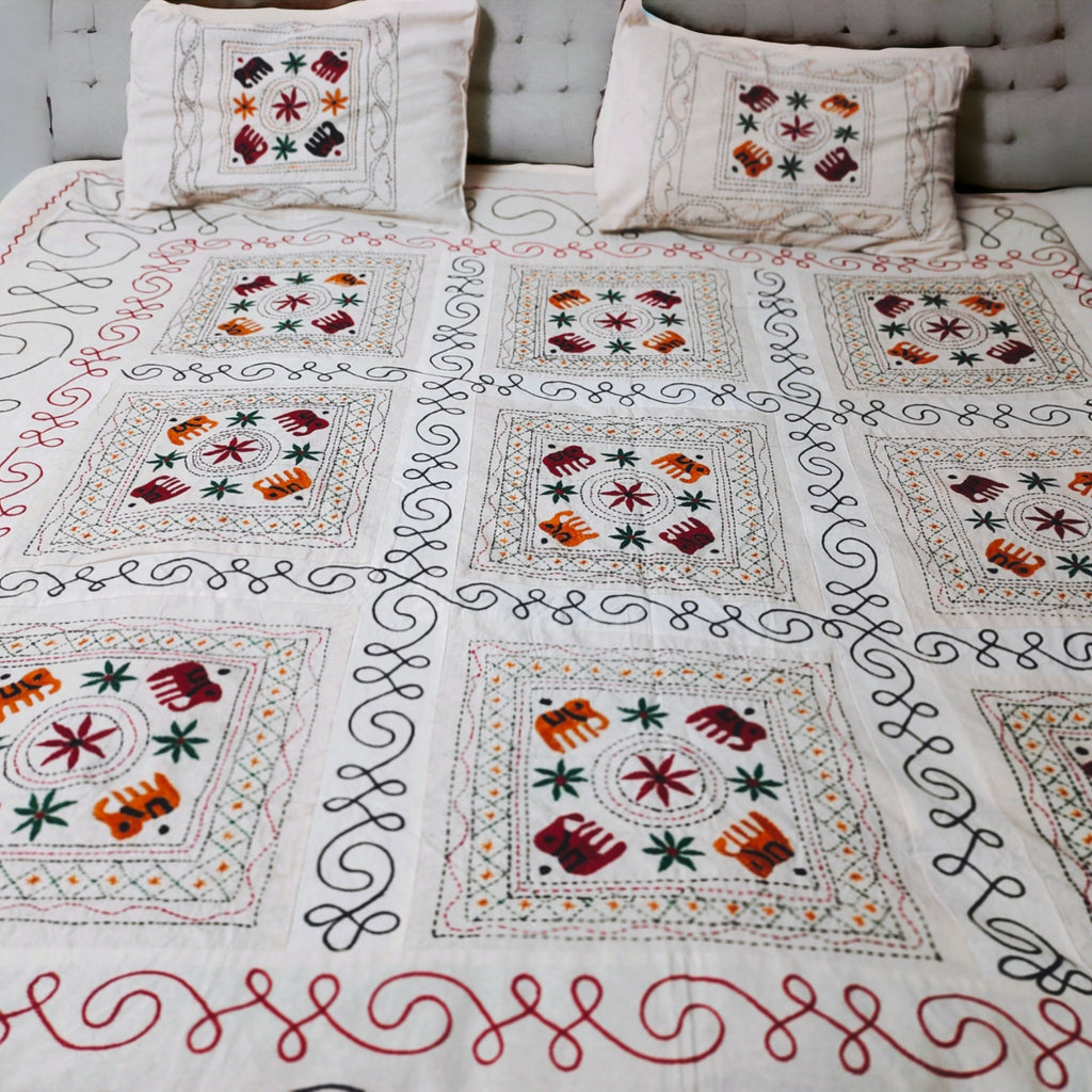 Cotton Beige Thread Work Embroidered Handmade Queen Size Bedsheet With Two Matching Pillow Covers Pack Of 1 Indian Style Bedsheet Bohemian