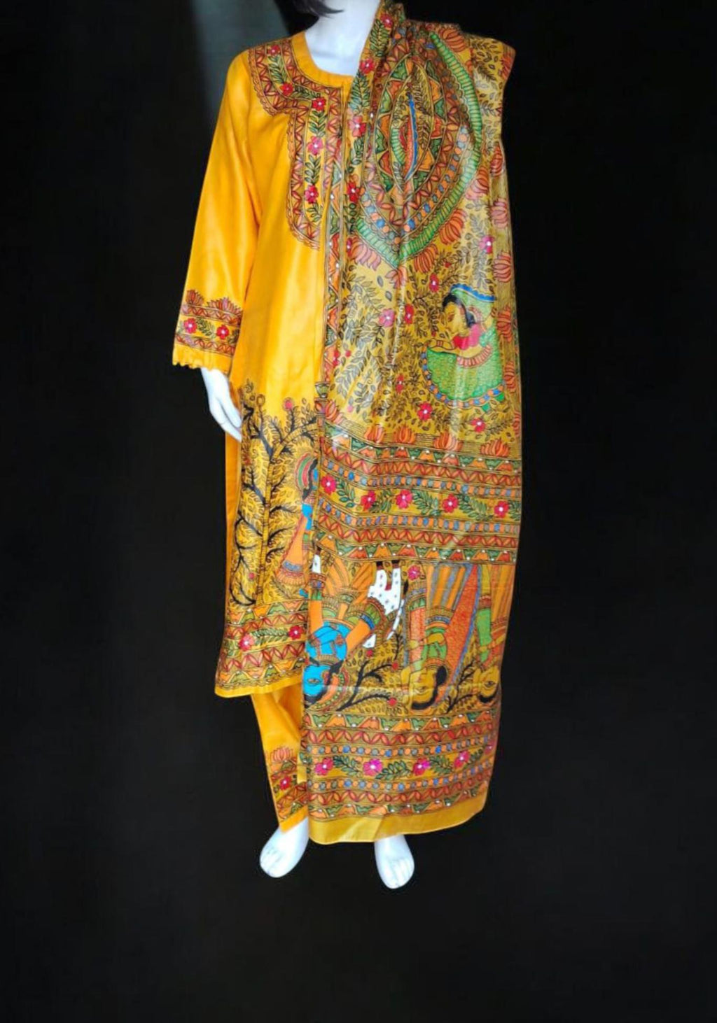 Yellow 100% Silk Hand-painted Madhubani Art Dupatta Featuring Radha Krishna Ras With Animal Cow Nature Forest Floral Designs Gift for her