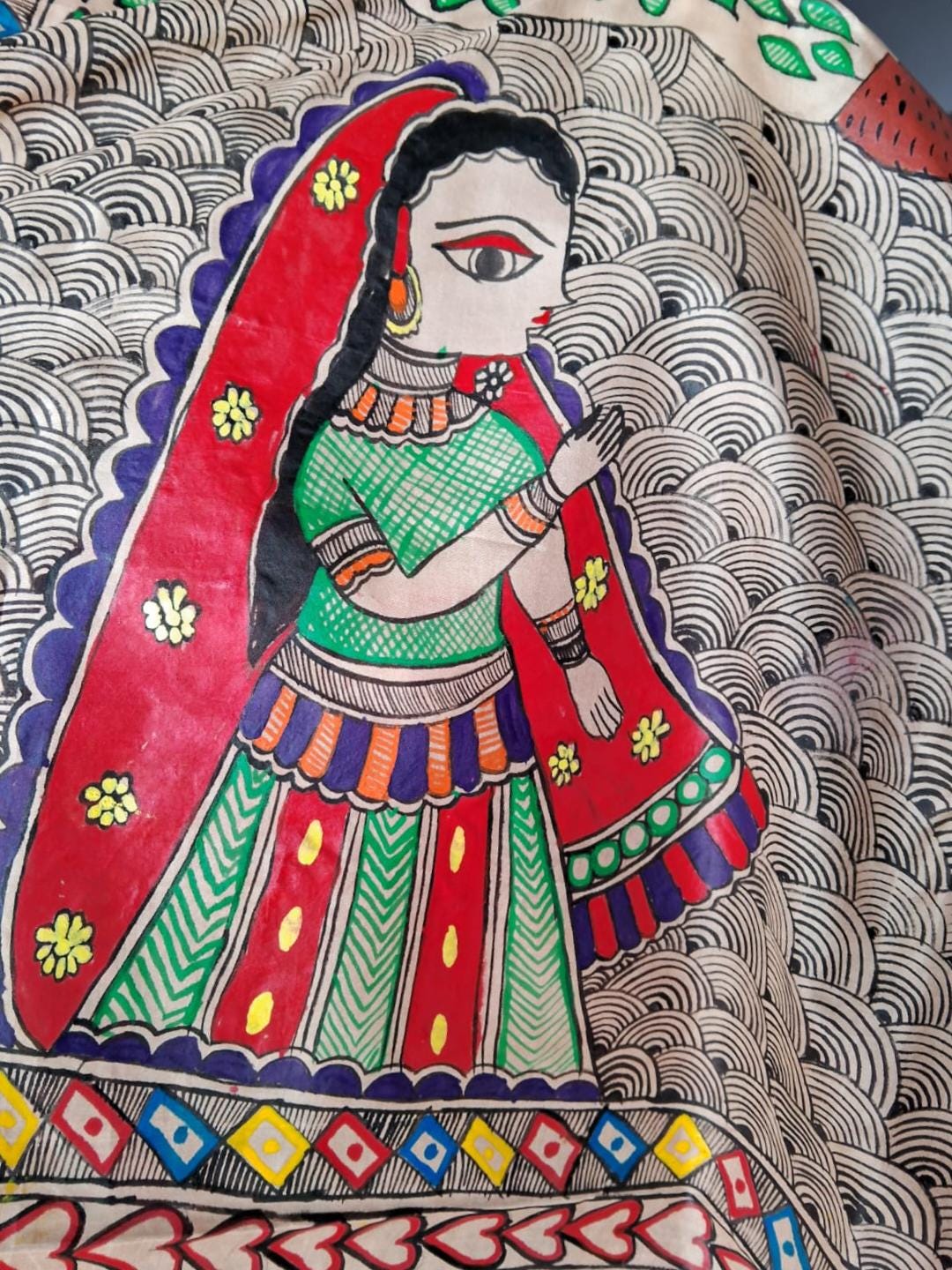 Beige Silk Hand-painted Madhubani Art Dupatta Featuring Peacock Krishna Radha Gopi Nature Forest Flowers River Floral Designs Gift for her