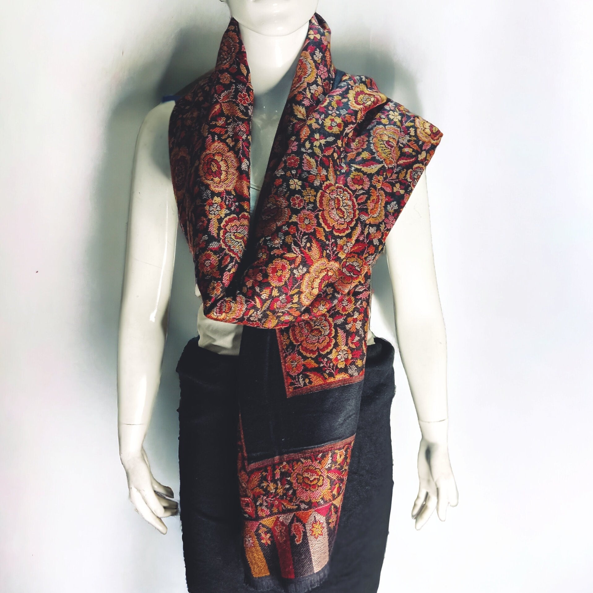 Black Red Floral Embroidered kashmiri Shawl Scarf Travel Blanket Vintage Winter Outfit Wedding Anniversary gift Neck Warmer Designer Shawl