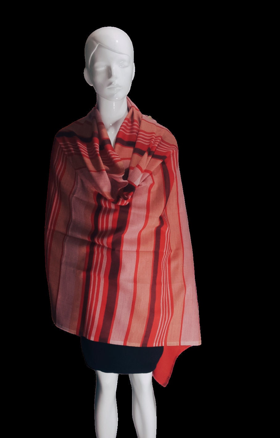 Red Stripe Pattern 100 % Cashmere Pashmina Luxurious Hand Woven Shawl/Scarf/Travel Blanket Vintage Winter Outfit Wedding Anniversary Party