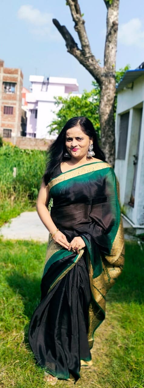 Black Green Pure Crepe Silk Golden Silk Embroidered Border And Aachal Tie And Dye Technique Party Anniversary Bollywood Fashion Classy